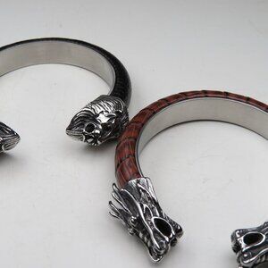 Lion & Dragon St. Steel with leather Bangle 2 pieces set